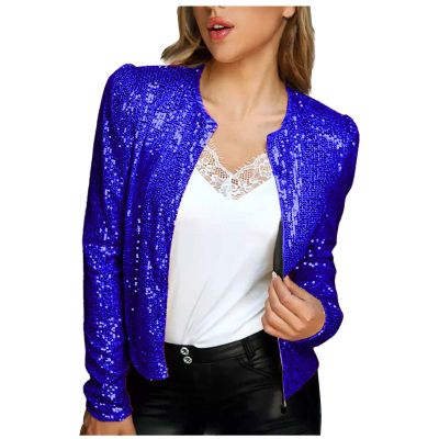 Womens Sequin Blazer Jacket Casual Long Sleeve Open Front Zip Up Sparkle Bomber Jackets for Evening Party