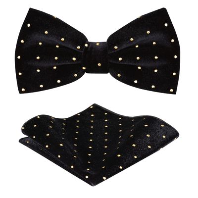 TIE G Men's Glitter Velvet Bow Tie + Pocket Square Set in Gift Box for Wedding, Party : Glittering Effects, Unisex Design (Imperial Black)