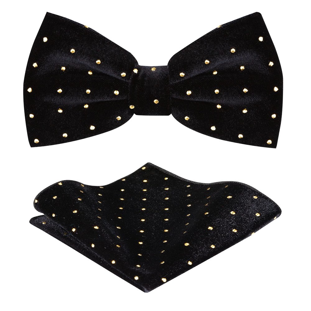 TIE G Men's Glitter Velvet Bow Tie + Pocket Square Set in Gift Box for Wedding, Party : Glittering Effects, Unisex Design (Imperial Black)
