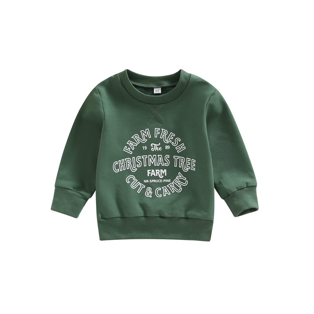 MoZiKQin Toddler Baby Christmas Outfit Girl Boy Crewneck Sweatshirt Letter Print Long Sleeve Sweater Shirt Fall Clothes (Christmas Tree Farm-Green,18-24 Months)