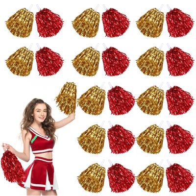 Chivao 24 Pcs Cheerleading Pom Poms, Metallic Foil Handle Cheer Squad Team Spirited Fun for Party, Sports Dance Cheer, 30 Grams Weight Each(Red, Gold)