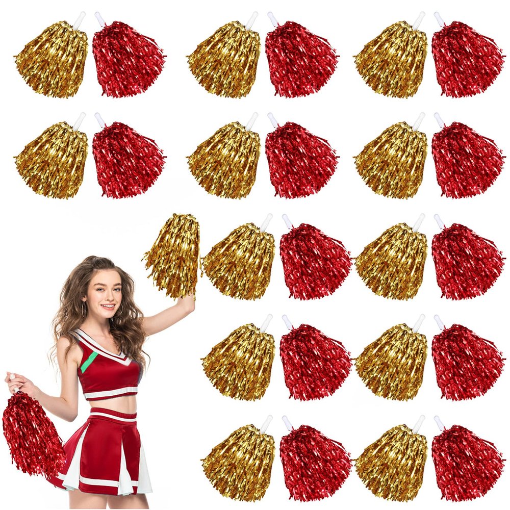 Chivao 24 Pcs Cheerleading Pom Poms, Metallic Foil Handle Cheer Squad Team Spirited Fun for Party, Sports Dance Cheer, 30 Grams Weight Each(Red, Gold)