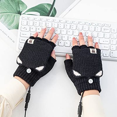 USB Electric Heated Gloves Mitten Half Fingerless Cold Weather Comfortable Wear Heated Gloves Winter Gift for Men Women,Flip Top Gloves with Touchscreen,for Indoor Outdoor Work Sport Gloves-A