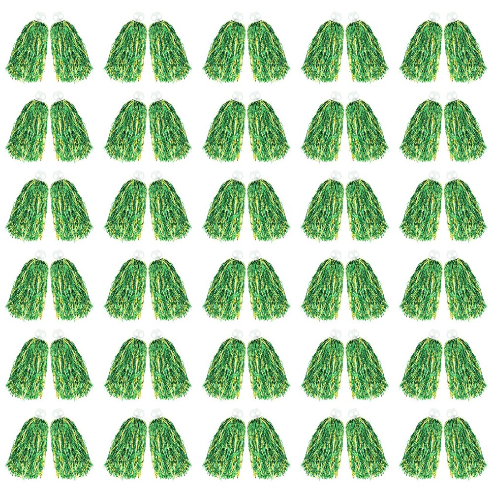 CUGBO 60Pcs Cheerleading Pom Poms Bulk, Metallic Foil Flower Ribbons Cheerleader Pompoms with Plastic Finger Ring for Adults Kids Girls Team Spirit Sports Dance Cheering (Green+Gold)