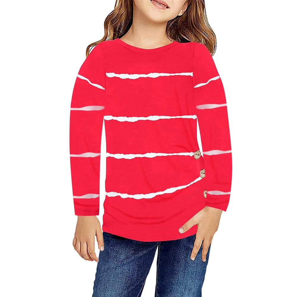 Little Girls Casual Long Sleeve T Shirts Crewneck Tunic Tops Kids Button Striped Tee First Birthday (Red, 4-5 Years)