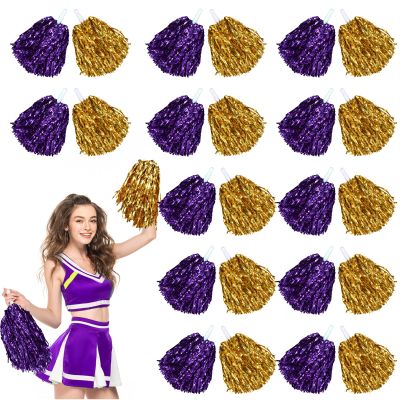 Chivao 24 Pcs Cheerleading Pom Poms, Metallic Foil Handle Cheer Squad Team Spirited Fun for Party, Sports Dance Cheer, 30 Grams Weight Each(Gold, Purple)