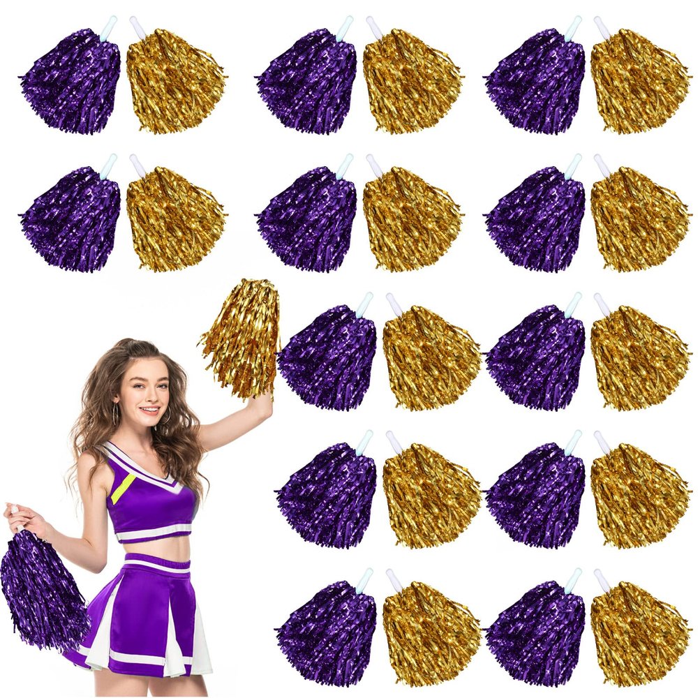 Chivao 24 Pcs Cheerleading Pom Poms, Metallic Foil Handle Cheer Squad Team Spirited Fun for Party, Sports Dance Cheer, 30 Grams Weight Each(Gold, Purple)