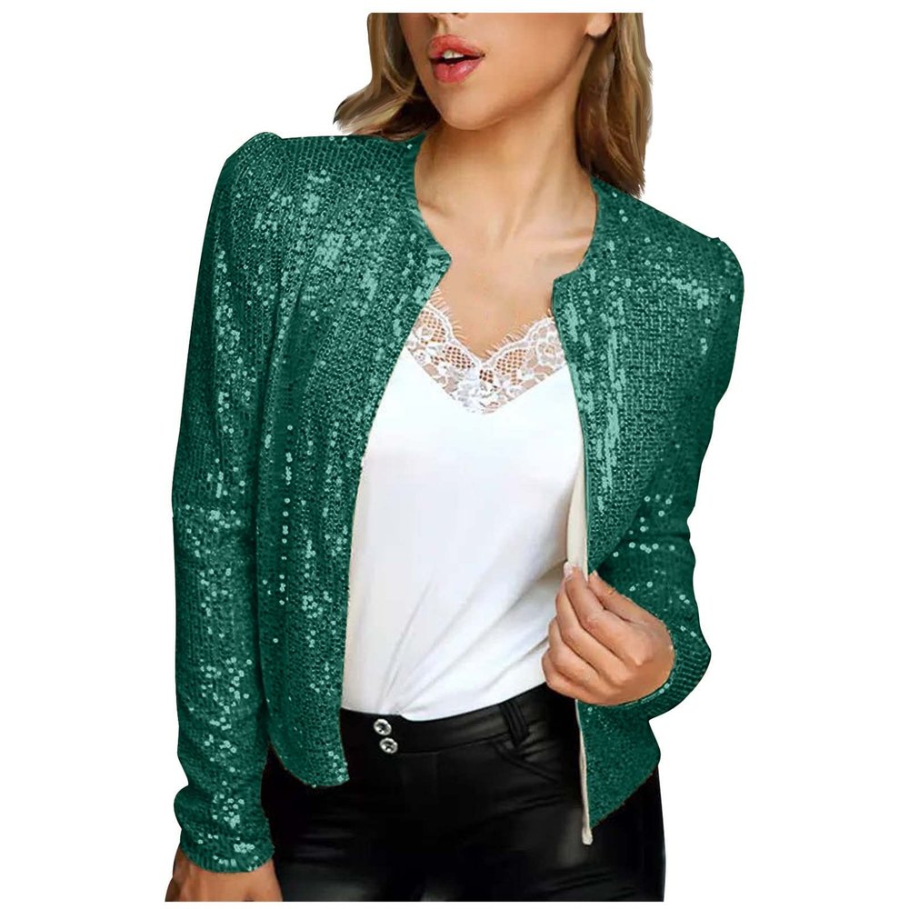 Womens Sequin Blazer Jacket Casual Long Sleeve Open Front Zip Up Sparkle Bomber Jackets for Evening Party