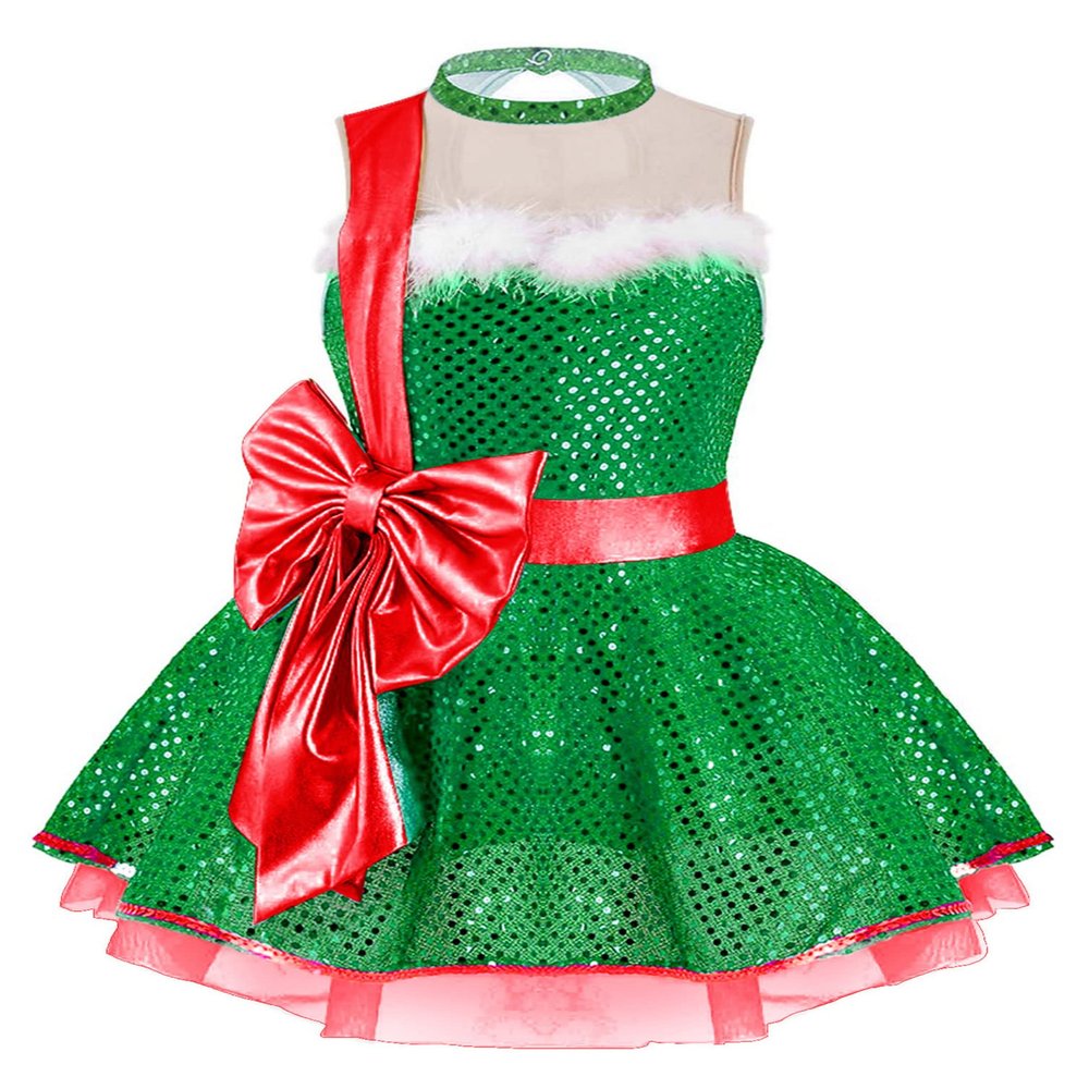 Moily Kids Girls Christmas Dance Sequins Figure Skating Dress Tutu Ballet Leotard Holiday Party Fancy Dress Green 16 Years