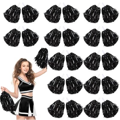 Chivao 24 Pcs Cheerleading Pom Poms, Metallic Foil Handle Cheer Squad Team Spirited Fun for Party, Sports Dance Cheer, 30 Grams Weight Each(Black)