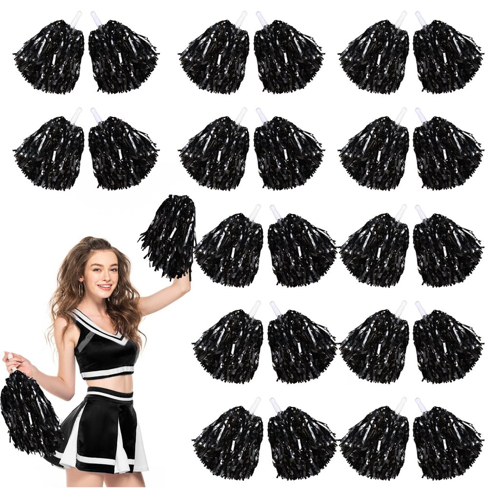 Chivao 24 Pcs Cheerleading Pom Poms, Metallic Foil Handle Cheer Squad Team Spirited Fun for Party, Sports Dance Cheer, 30 Grams Weight Each(Black)