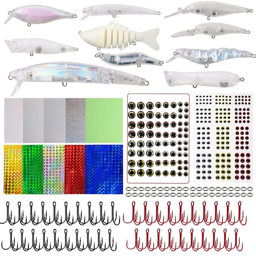 Unpainted Fishing Lures Making Kit DIY Crankbaits Minnow Kit - 321/355pcs Blank Hard Bait Lure Set Include Pliers Treble Hook Split Rings Lure Eyes Stickers Making Supplies Make Your Own Fishing Lures