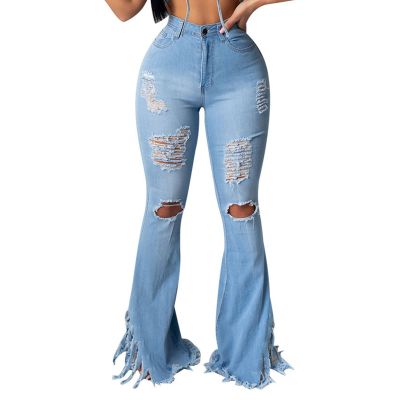 Skinny Ripped Bell Bottom Jeans for Women Classic High Waisted Destroyed Flare Jeans Distressed Raw Hem Denim Pants (Light Blue,XX-Large)