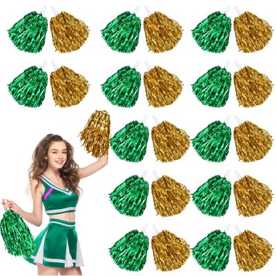 Chivao 24 Pcs Cheerleading Pom Poms, Metallic Foil Handle Cheer Squad Team Spirited Fun for Party, Sports Dance Cheer, 30 Grams Weight Each(Gold, Green)