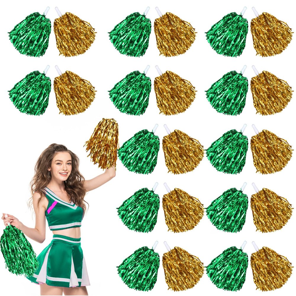 Chivao 24 Pcs Cheerleading Pom Poms, Metallic Foil Handle Cheer Squad Team Spirited Fun for Party, Sports Dance Cheer, 30 Grams Weight Each(Gold, Green)