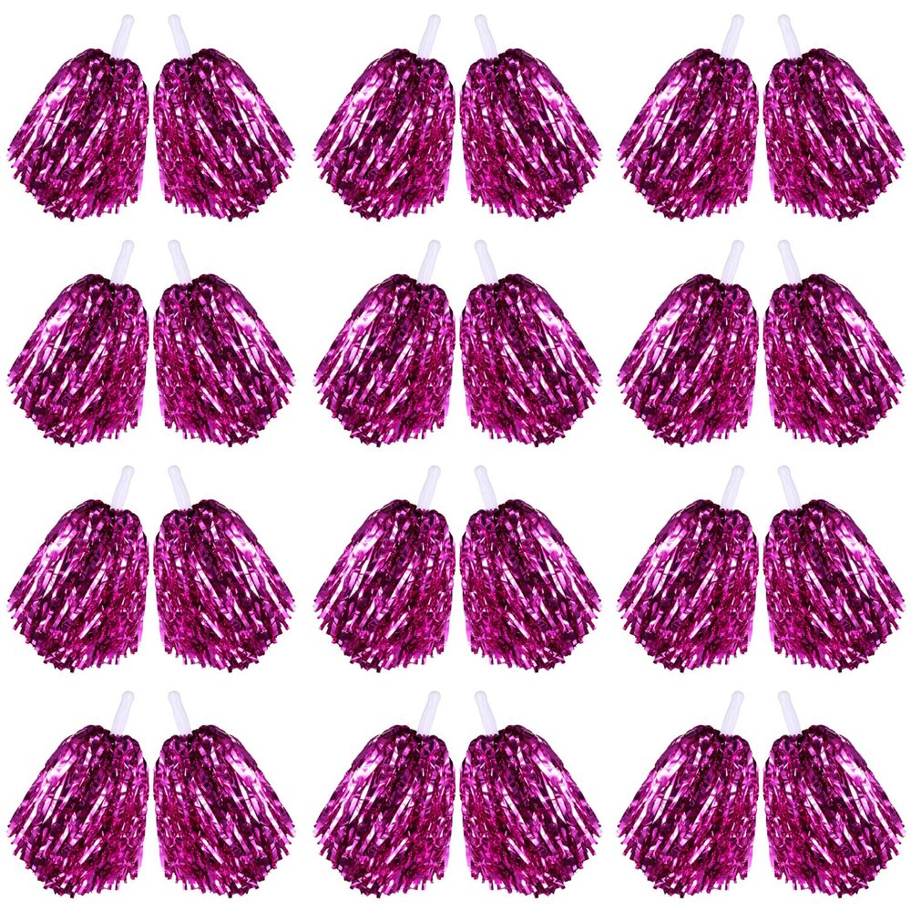 Chivao 24 Pcs Cheerleading Pom Poms, Metallic Foil Handle Cheer Squad Team Spirited Fun for Party, Sports Dance Cheer, 30 Grams Weight Each(Rose Red)