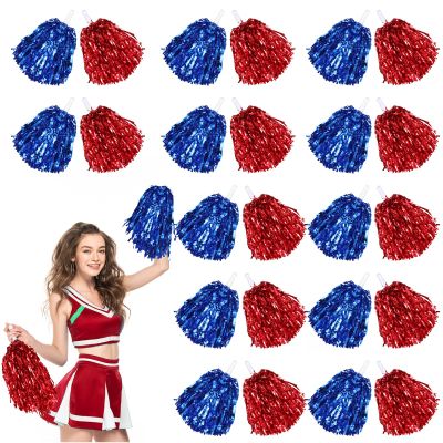 Chivao 24 Pcs Cheerleading Pom Poms, Metallic Foil Handle Cheer Squad Team Spirited Fun for Party, Sports Dance Cheer, 30 Grams Weight Each(Red, Blue)