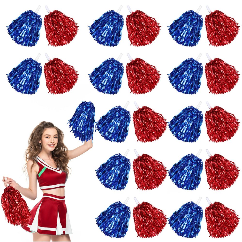 Chivao 24 Pcs Cheerleading Pom Poms, Metallic Foil Handle Cheer Squad Team Spirited Fun for Party, Sports Dance Cheer, 30 Grams Weight Each(Red, Blue)