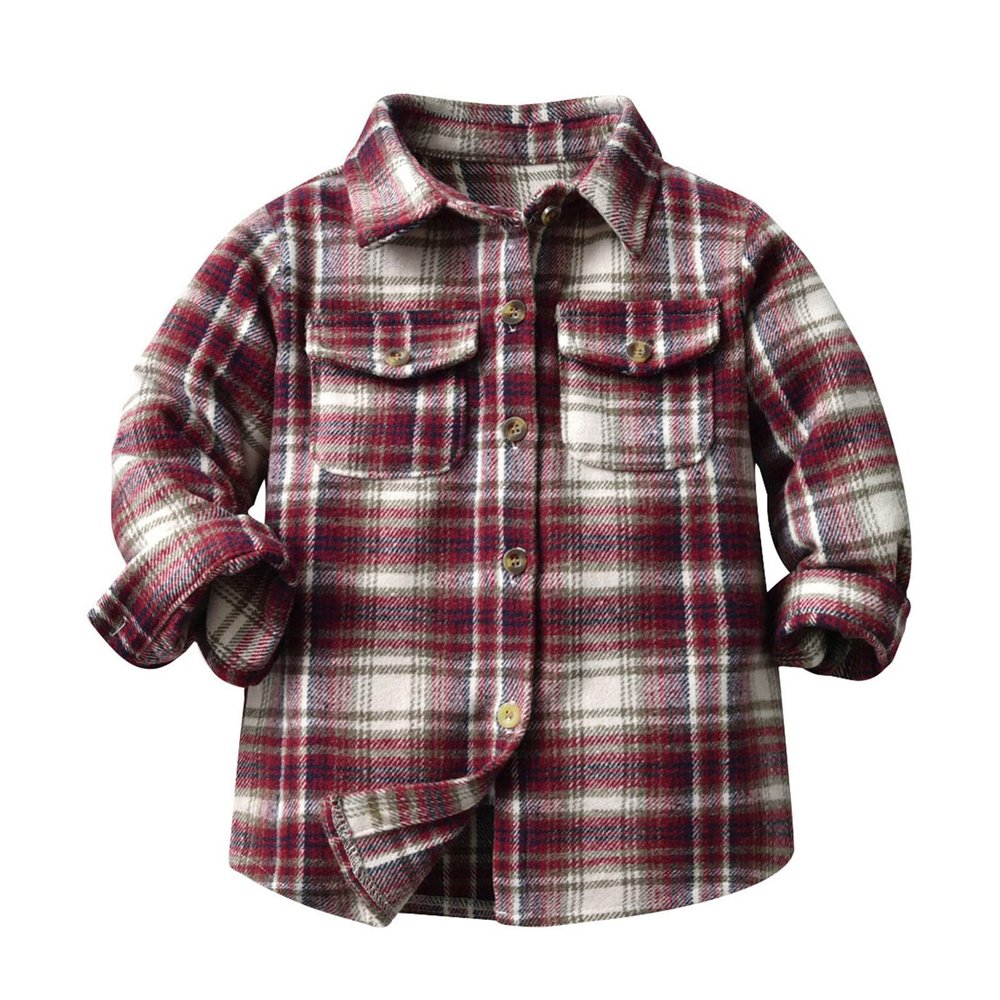 Kids Toddler Flannel Fleece Shirt Jacket Plaid Long Sleeve Lapel Button Down Baby Boys Girls Fall (Wine, 2-3 Years)