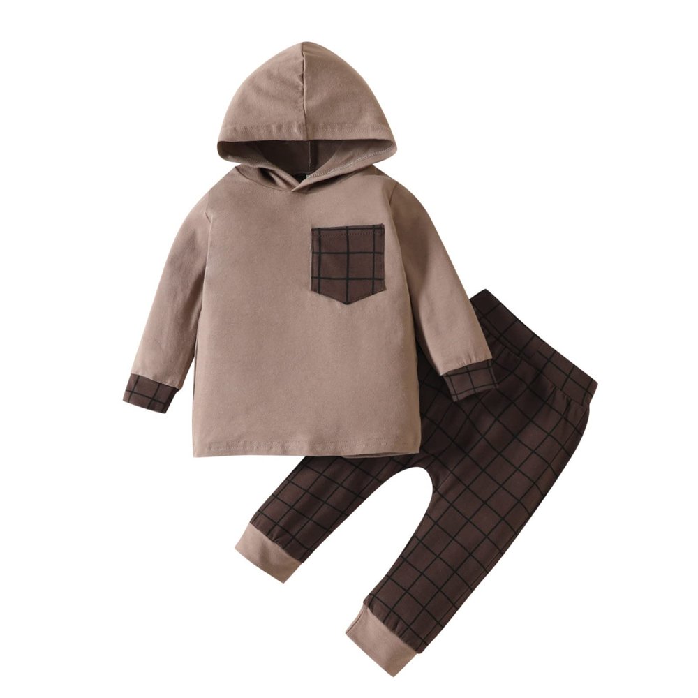 Infant Baby Boys Girls Long Sleeve Hooded Sweatshirt Tops Plaid Pant Sweatpants Little Boy Fall (Brown, 2-3 Years)