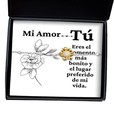 Brazalete para novia "Mi amor tu eres el momento mas bonito" - Regalo para prometida o novia, joyeria para enamoradas o mujeres - Manilla, pulsera de flor de sol