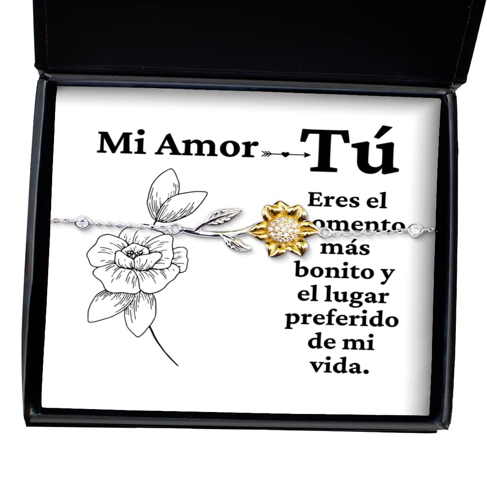 Brazalete para novia "Mi amor tu eres el momento mas bonito" - Regalo para prometida o novia, joyeria para enamoradas o mujeres - Manilla, pulsera de flor de sol