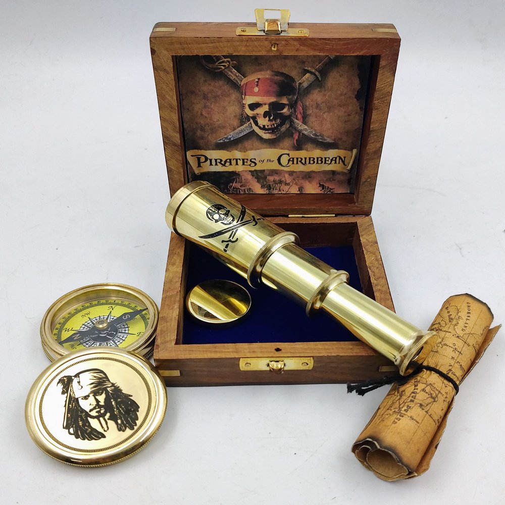 Qarzun Captain Jack Sparrow Brass Compass with Mini 2 fold Telescope Pirates in Wood Box for Pirates Lovers