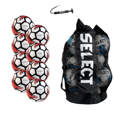 Select Classic V21 Soccer Ball, 8-Ball Pack with Duffle Ball Bag and Hand Pump, White, Size 3