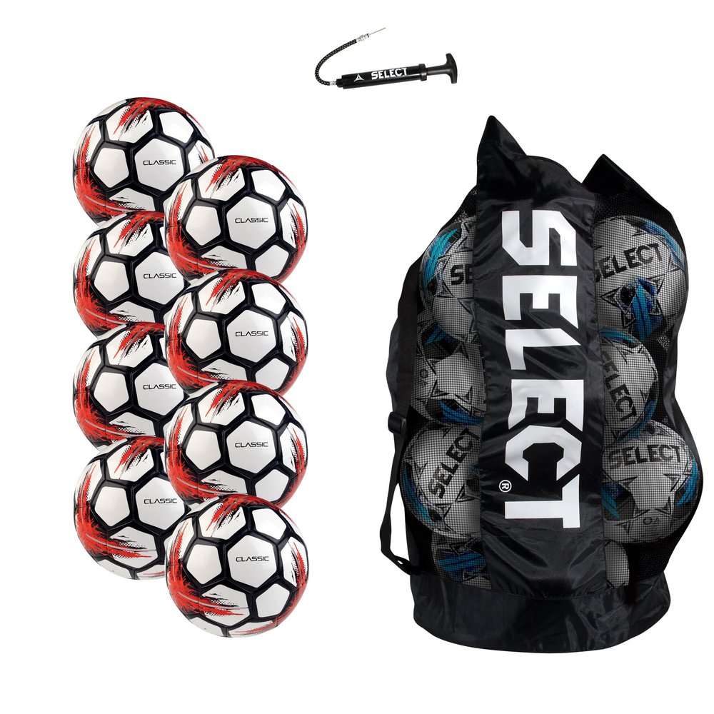 Select Classic V21 Soccer Ball, 8-Ball Pack with Duffle Ball Bag and Hand Pump, White, Size 3