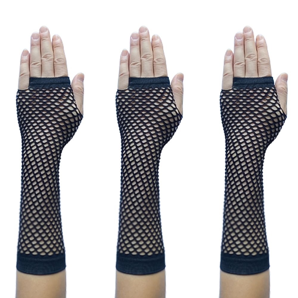 spomei Fishnet Glove Women, Girl Nylon Fish Mesh Arm Warmers for 80s Themed Party or Punk Rock & Night Club W-N-NG2 (3 Pairs - Black Fishnet Gloves)