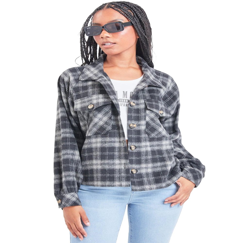 YMI Womens Junior Cropped Boxy Fit Plaid Shacket, Bwbpl, Small US