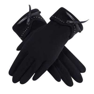 Autumn And Winter Screen Gloves Outdoor Driving And Riding Warm Gloves Women's Fleece Bow Gloves (Black, One Size)