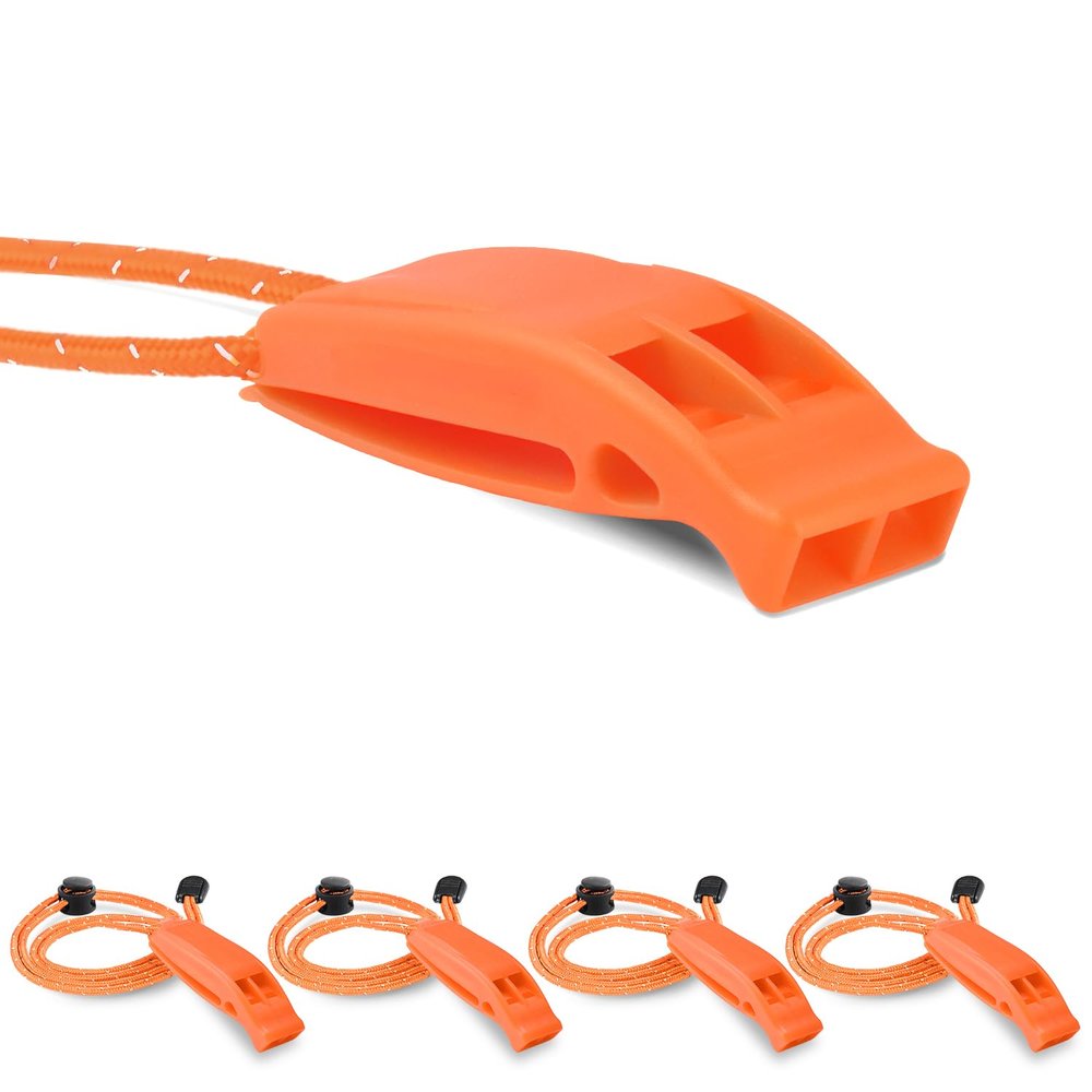 4 Pack Emergency Whistles, Loud Shrill Safety Whistle with Reflective Lanyard for Outdoor Climbing Hiking Camping Fishing Boat Kayak Life Vest Jacket Boating Water Survival Rescue Signaling (Orange)