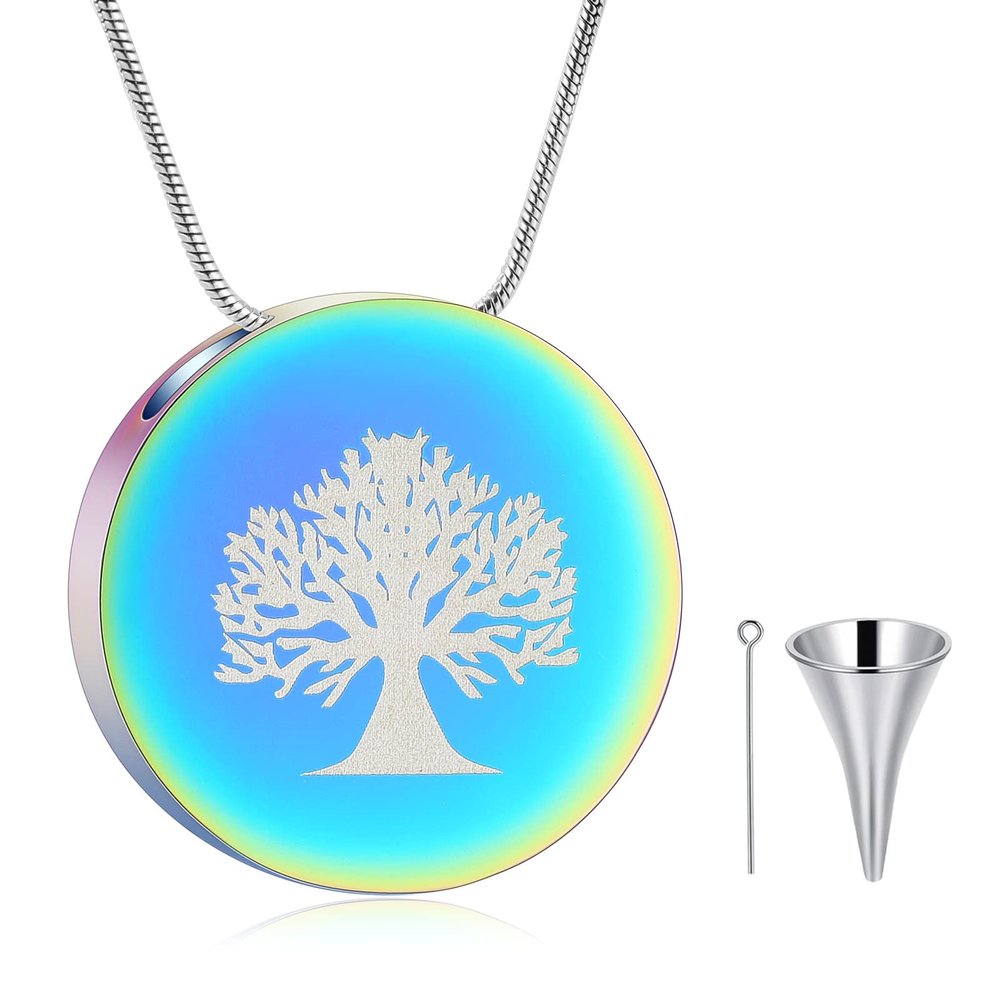 AIWENXI Cremation Necklace Tree of Life Urn Jewelry for Ashes Round Urn Necklace for Ashes Stainless Steel Pendant Necklace for Women Men