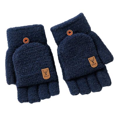 Winter Knitted Fingerless Gloves Thermal Insulation Warm Convertible Mittens Flap Cover For Men Women (Navy, One Size)