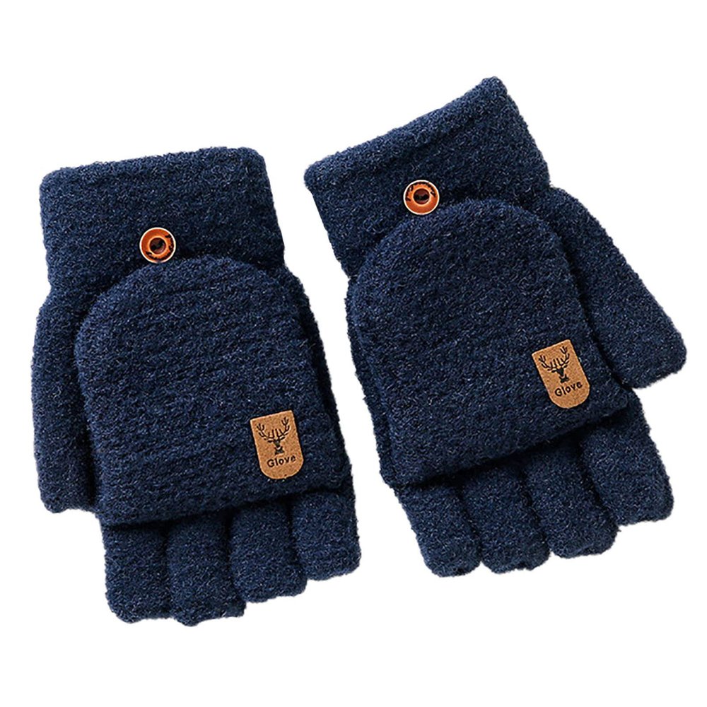 Winter Knitted Fingerless Gloves Thermal Insulation Warm Convertible Mittens Flap Cover For Men Women (Navy, One Size)