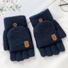 Winter Knitted Fingerless Gloves Thermal Insulation Warm Convertible Mittens Flap Cover For Men Women (Navy, One Size) view 2