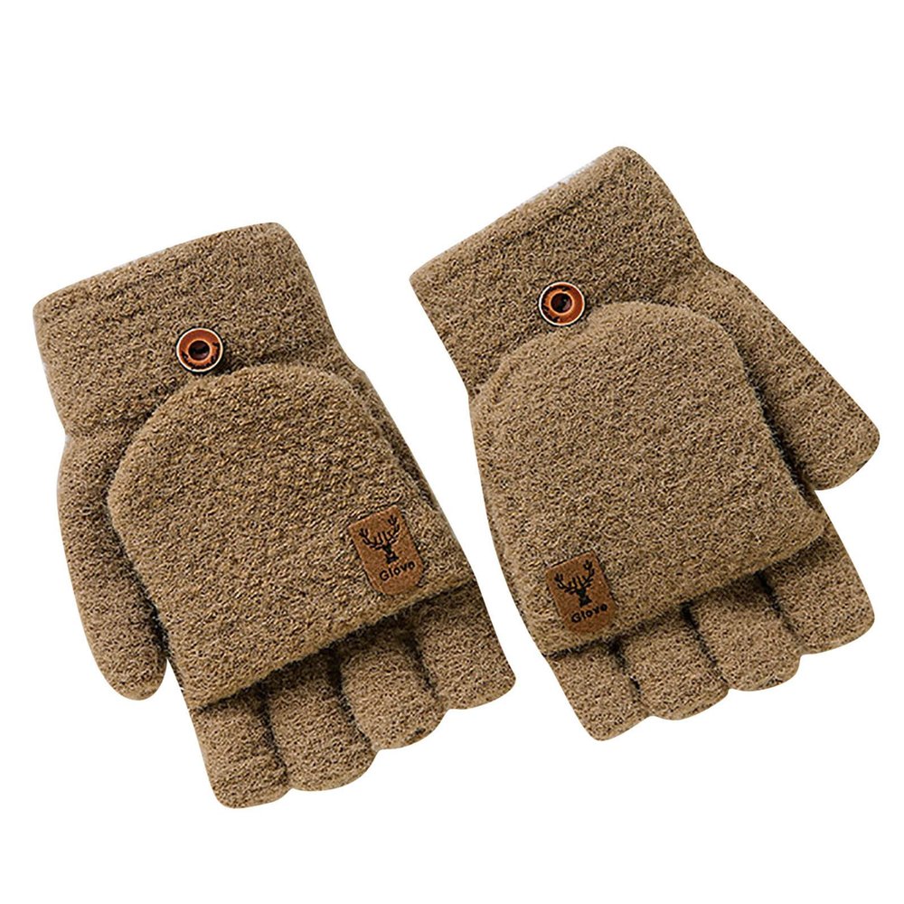 Winter Knitted Fingerless Gloves Thermal Insulation Warm Convertible Mittens Flap Cover For Men Women (Khaki, One Size)
