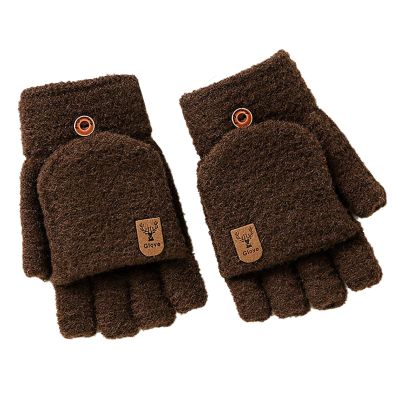 Winter Knitted Fingerless Gloves Thermal Insulation Warm Convertible Mittens Flap Cover For Men Women (Brown, One Size)