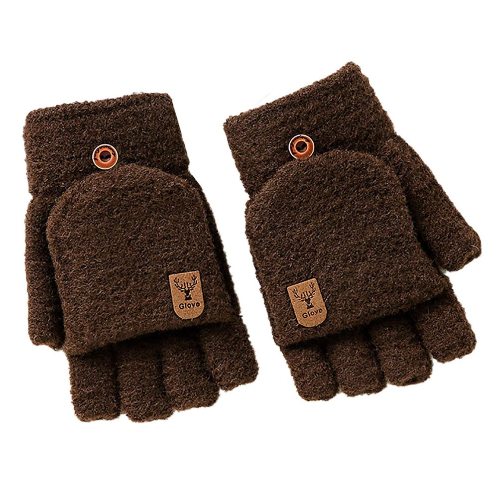 Winter Knitted Fingerless Gloves Thermal Insulation Warm Convertible Mittens Flap Cover For Men Women (Brown, One Size)