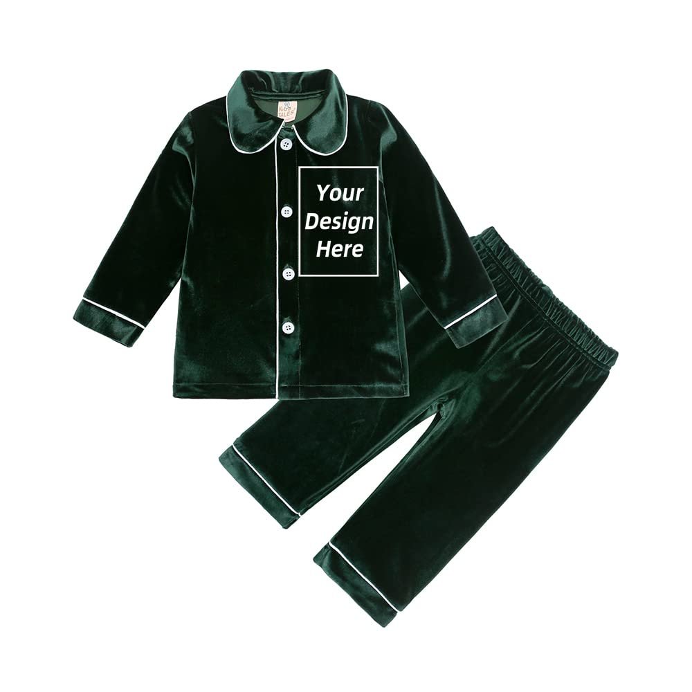 Kids Tales Kids Custom Velvet Pajamas Add Your Own Text Design Button-Down T-Shirt Top + Pants Personalized Christmas Outfits