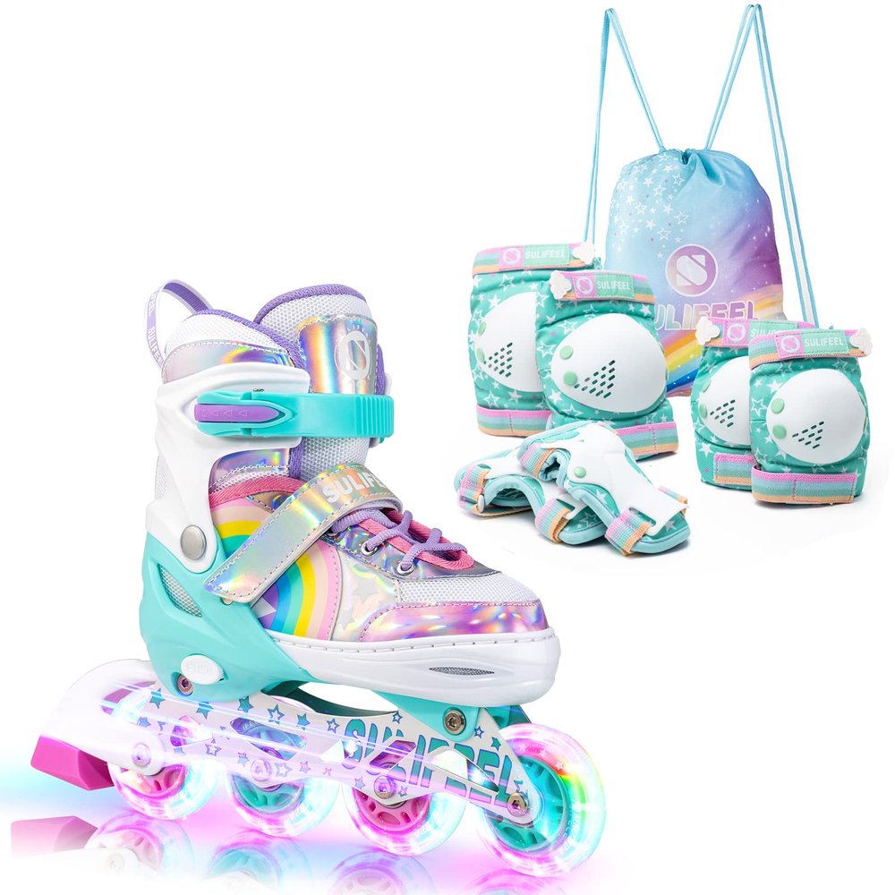 SULIFEEL Rainbow Unicorn Inline Skates for Kids with Adjustable Protective Gear Set Green Small