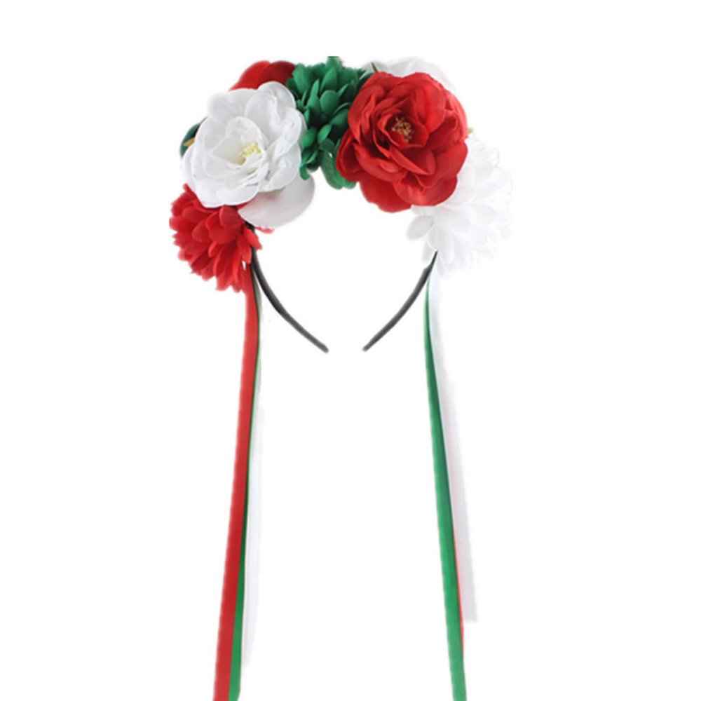 aoozleny Mexican Flower Crowns Headband, Headpiece for Halloween Festival Party (Red-White-Green)
