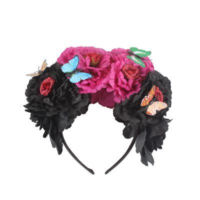 aoozleny Mexican Flower Crowns Headband, Headpiece for Halloween Festival Party (Red-Black)