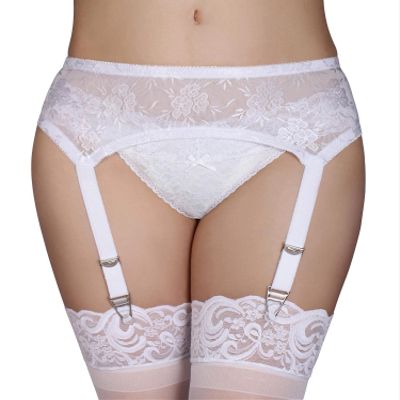 GARGALA Lace Garter Belt Sexy Suspenders for Women Lingerie Plus Size with 4 Vintage Metal Clips for Stockings (Pure White, Large)