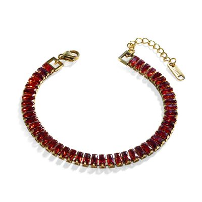 VINTY Tennis Bracelet, Baguette Cut Cubic Zirconia Crystal Rhinestones in Red Ruby Garnet Color, Gold Plated Stainless Steel, Hypoallergenic, Adjustable, Bridal Bridesmaid Jewelry for Women