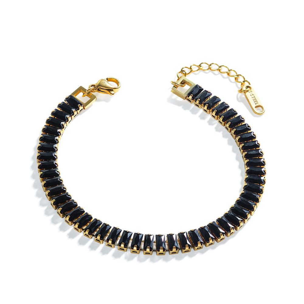 VINTY Tennis Bracelet, Black Baguette Cut Cubic Zirconia Crystal Rhinestones, Gold Plated Stainless Steel, Hypoallergenic, Adjustable, Bridal Bridesmaid Jewelry for Women