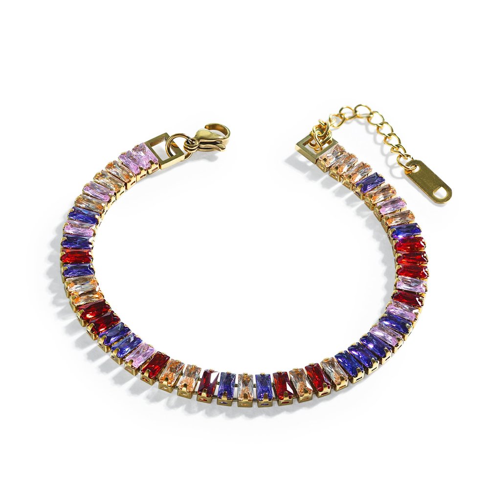 VINTY Tennis Bracelet, Multicolor Colorful Baguette Cut Cubic Zirconia Crystal Rhinestones, Gold Plated Stainless Steel, Hypoallergenic, Adjustable, Bridal Bridesmaid Jewelry for Women