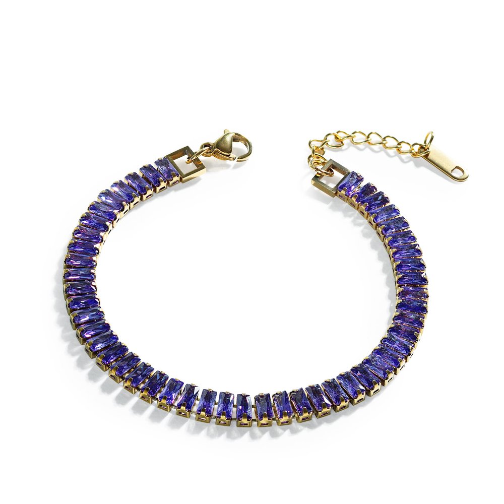 VINTY Tennis Bracelet, Purple Amethyst Colored Baguette Cut Cubic Zirconia Crystal Rhinestones, Gold Plated Stainless Steel, Hypoallergenic, Adjustable, Bridal Bridesmaid Jewelry for Women
