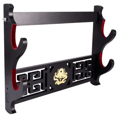 Fclieng Katana Display Stand Weapon Stands, Velvet Padded Sword Holder Wall Mount Wakizashi Samurai Sword Rack Dragon Logo (2 Tier)